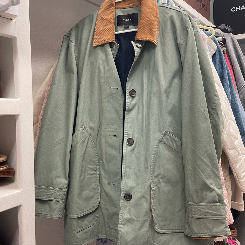 J. Crew Green Barn Jacket with Tan Collar